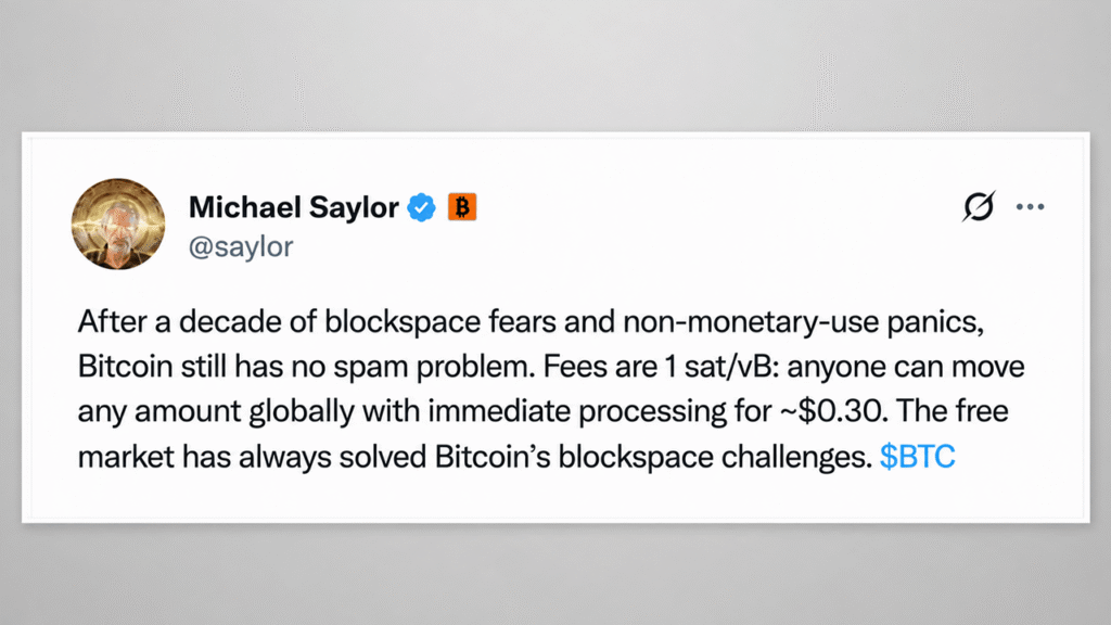 Michael Saylor Declares Bitcoin Has ‘No Spam Problem’ as BIP-110 Debate Escalates Michael Saylor Declares Bitcoin Has ‘No Spam Problem’ as BIP-110 Debate Escalates